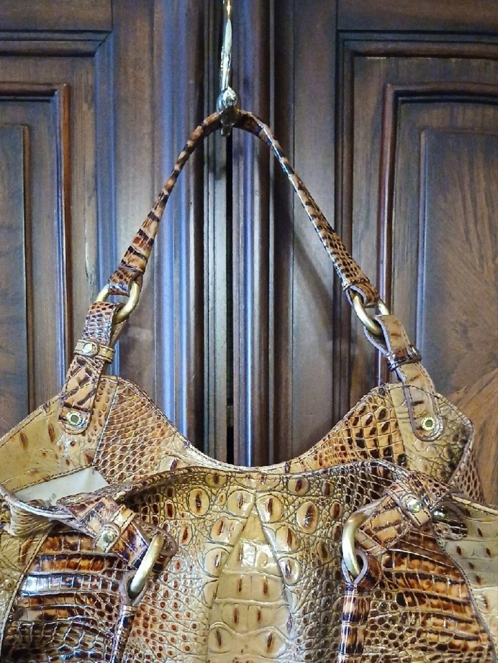 Brahmin Croc-Embossed Hobo in Tan and Brown Ombre
